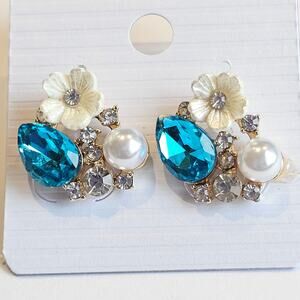 Pearl Flower Teal Blue Earrings Crystal Teardrop Rhinestone  Jewelry w/ Gift Bag